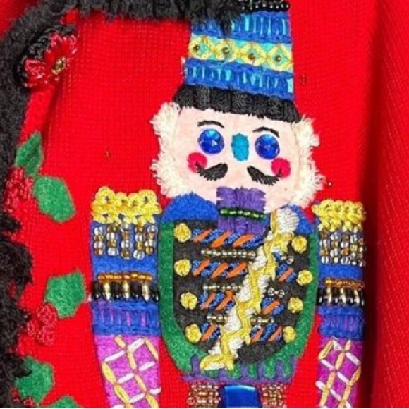 Michael Simon Womens Sz M Beaded Nutcracker Sweater Cardigan Black Fringe Trim - Picture 8 of 15